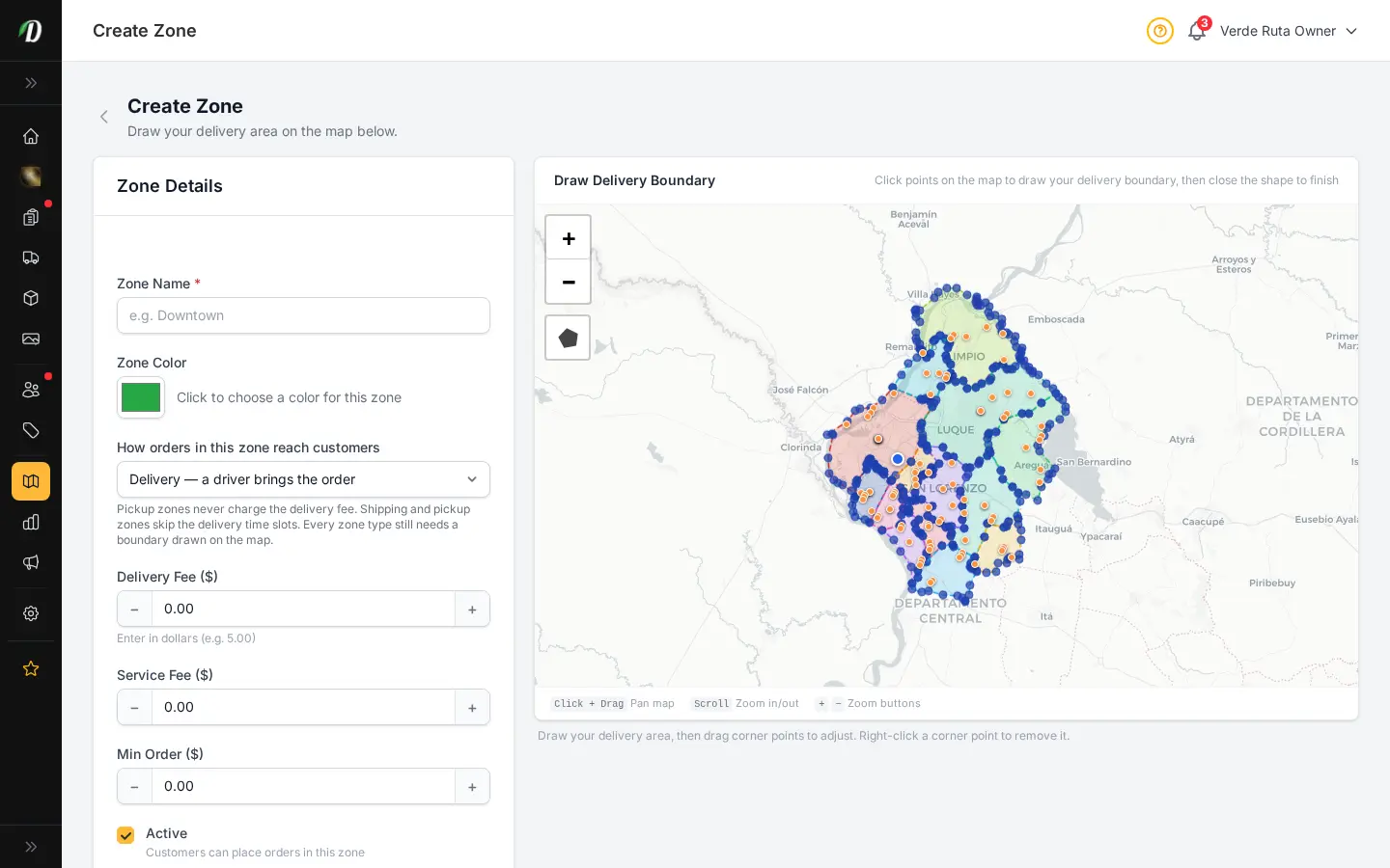 DabDash add delivery zone page showing map drawing tools and delivery fee fields