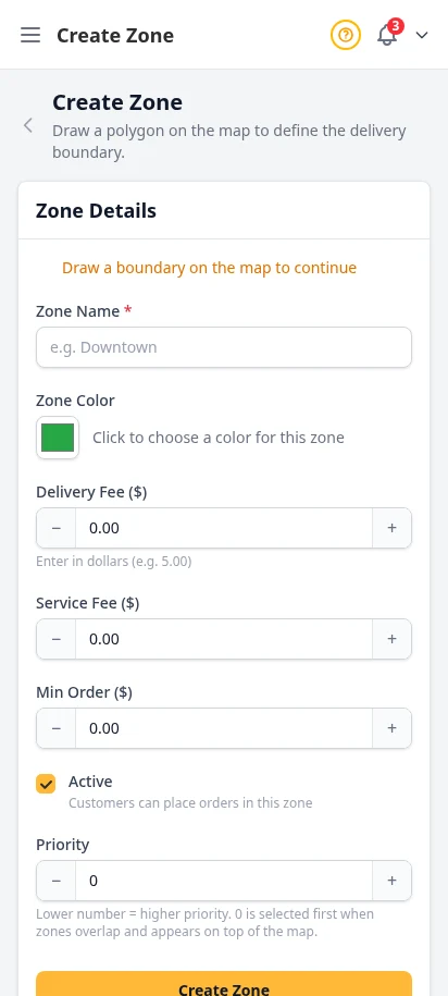 DabDash add delivery zone page showing map drawing tools and delivery fee fields — mobile view