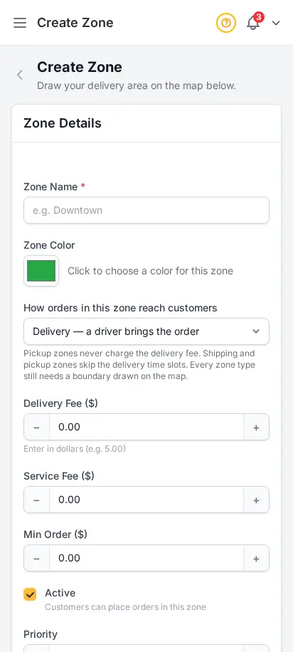 DabDash add delivery zone page showing map drawing tools and delivery fee fields — mobile view