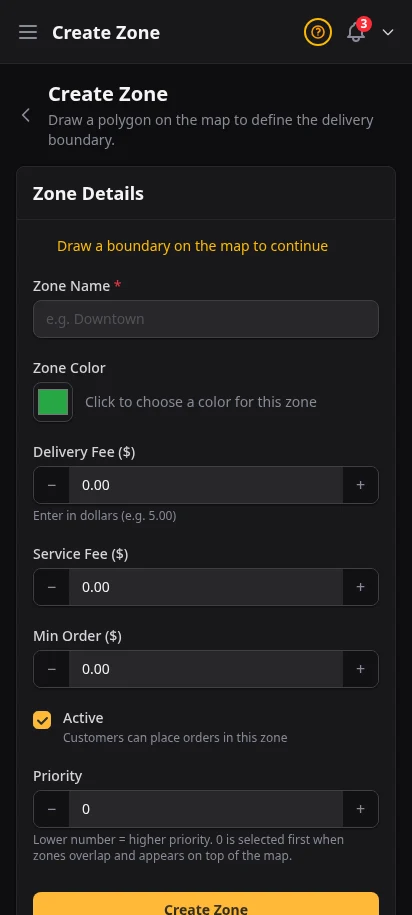 DabDash add delivery zone page showing map drawing tools and delivery fee fields — mobile view