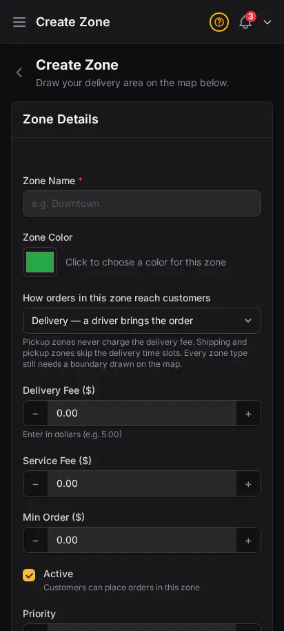 DabDash add delivery zone page showing map drawing tools and delivery fee fields — mobile view