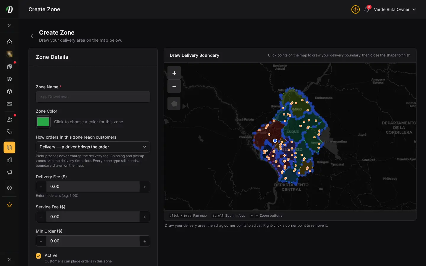 DabDash add delivery zone page showing map drawing tools and delivery fee fields