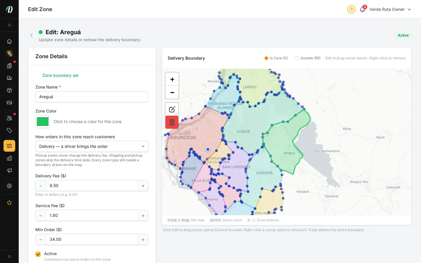 DabDash delivery zone editor showing a drawn map, fee settings, and active controls