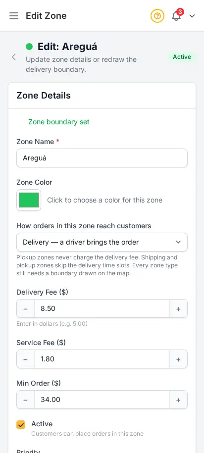 DabDash delivery zone editor showing a drawn map, fee settings, and active controls — mobile view