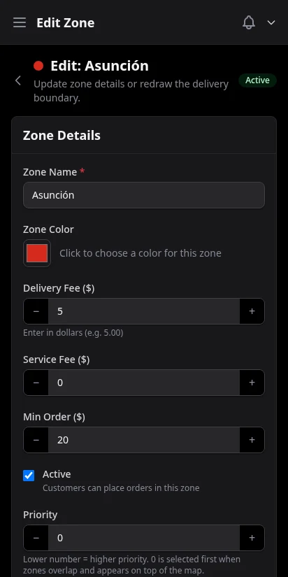 DabDash zone editor with interactive map drawing and fee configuration — mobile view
