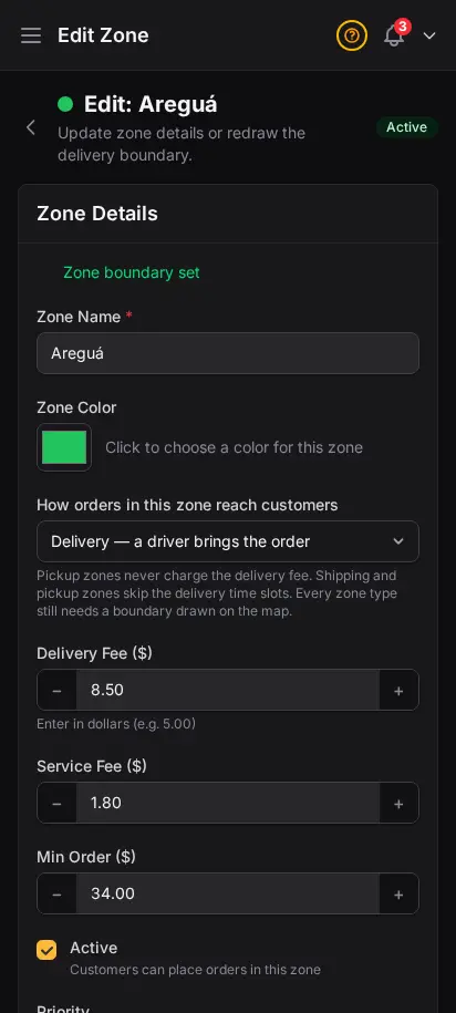 DabDash delivery zone editor showing a drawn map, fee settings, and active controls — mobile view