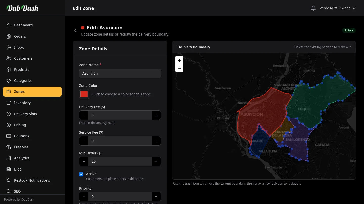 DabDash zone editor with interactive map drawing and fee configuration