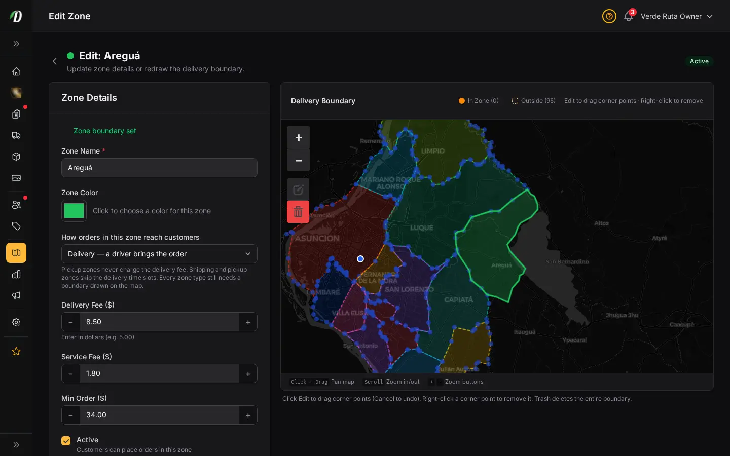 DabDash delivery zone editor showing a drawn map, fee settings, and active controls