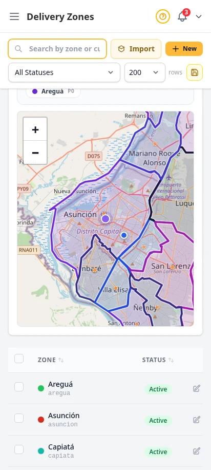 DabDash delivery zones coverage check showing a tested address dropped on the map with a matching zone overlay — mobile view