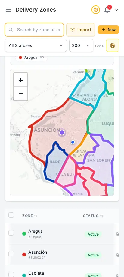 DabDash delivery zones coverage check showing a tested address dropped on the map with a matching zone overlay — mobile view