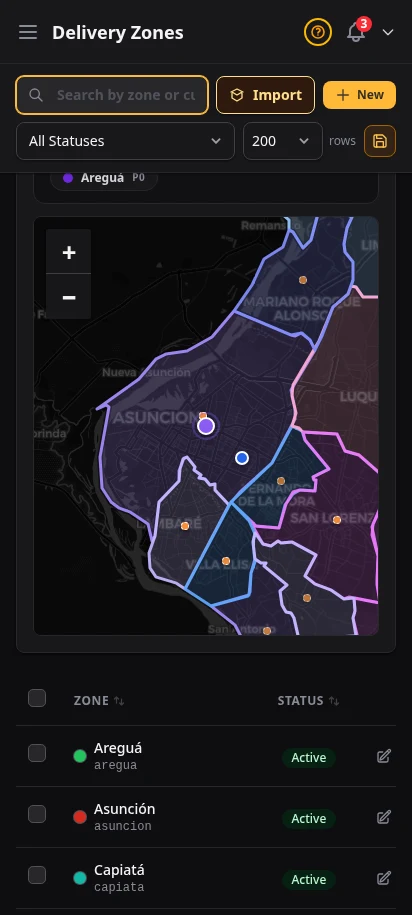 DabDash delivery zones coverage check showing a tested address dropped on the map with a matching zone overlay — mobile view