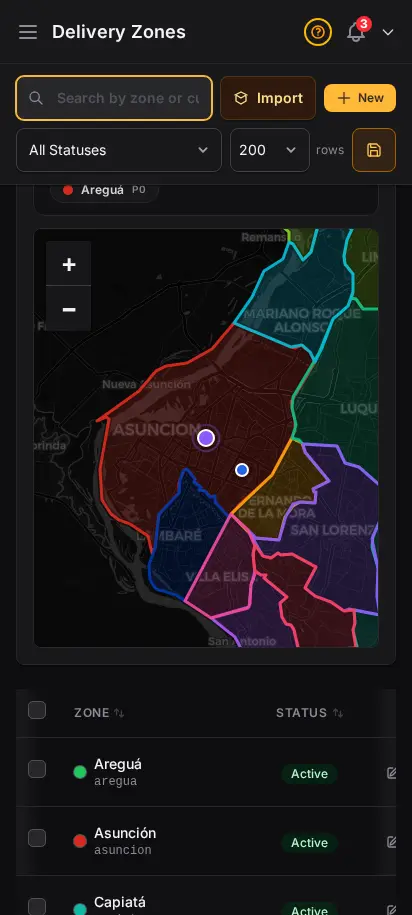 DabDash delivery zones coverage check showing a tested address dropped on the map with a matching zone overlay — mobile view