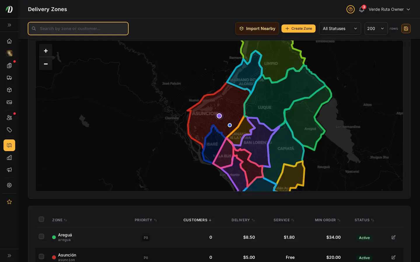 DabDash delivery zones coverage check showing a tested address dropped on the map with a matching zone overlay