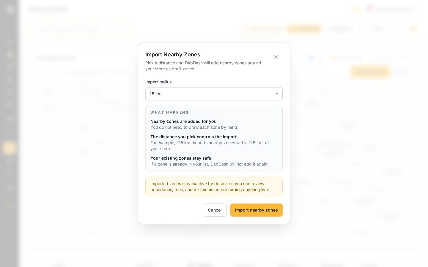 DabDash one-click nearby zone import modal showing radius-based draft delivery zone setup