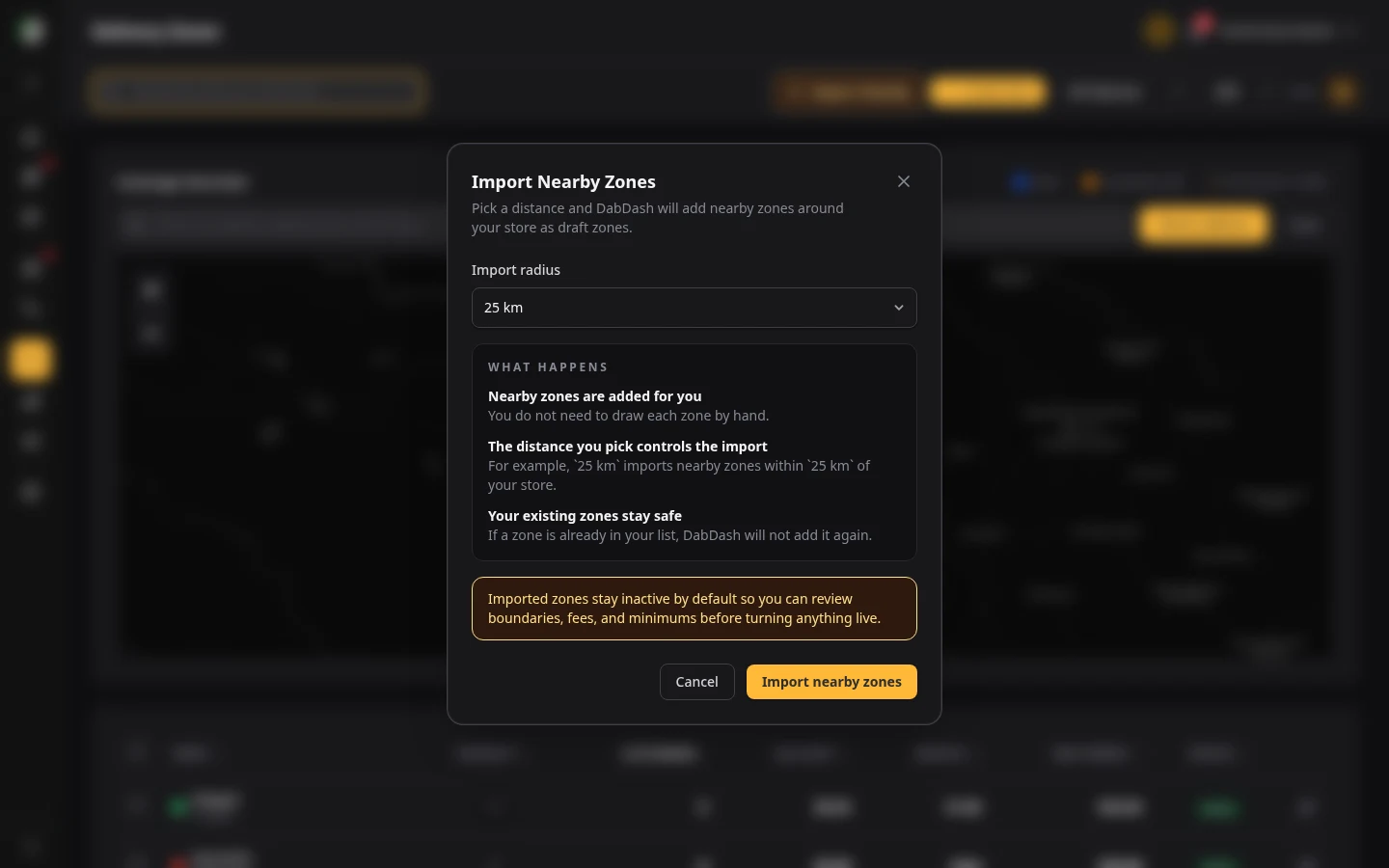 DabDash one-click nearby zone import modal showing radius-based draft delivery zone setup