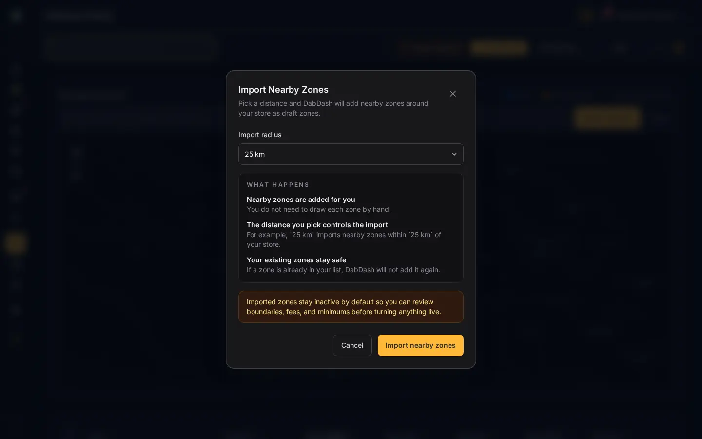 DabDash one-click nearby zone import modal showing radius-based draft delivery zone setup
