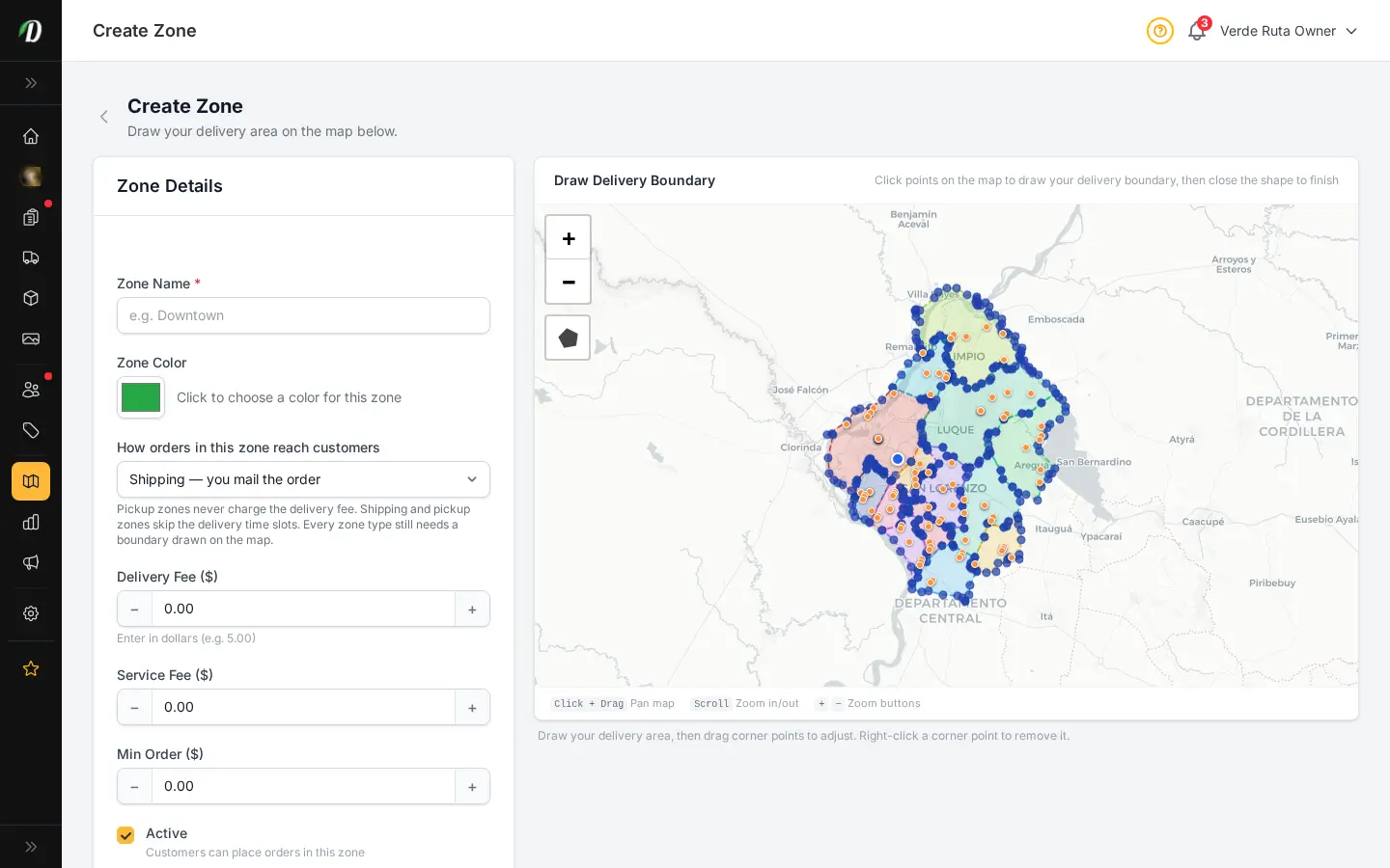 DabDash zone creation form with Shipping selected under How orders in this zone reach customers, showing the Countries you ship to and provinces/states fields instead of a map boundary